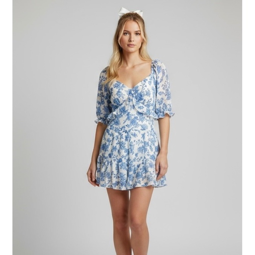 NEW Trixxi White Blue Floral Print Dress Sweetheart Neckline Large Coquette